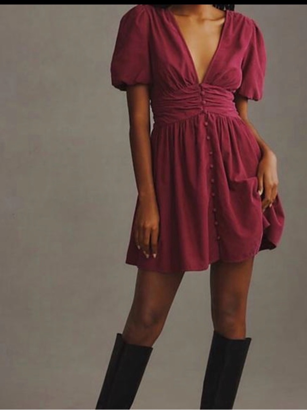 Anthropologie Ruched Plum Mini Dress with Puff Sleeves